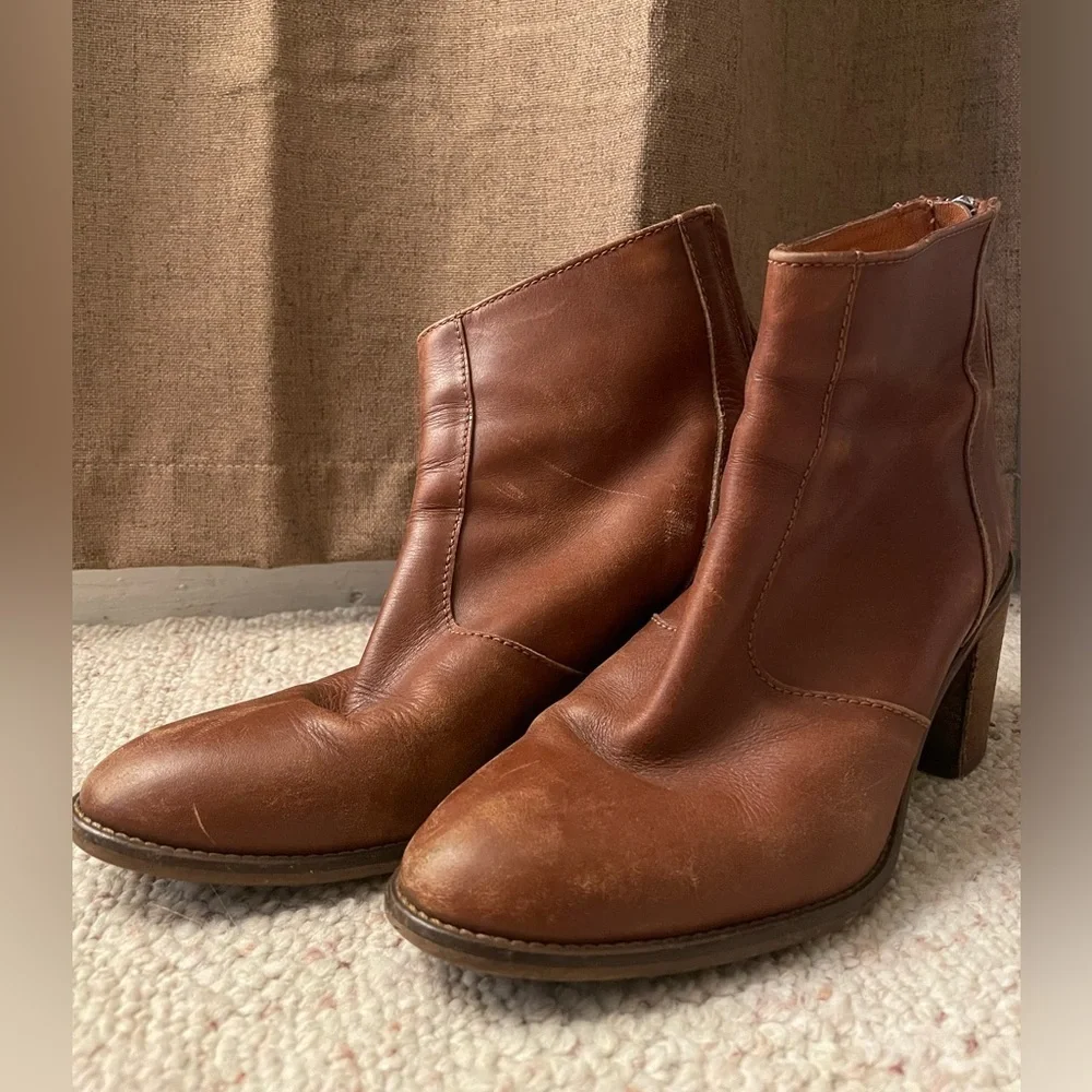 Madewell Brown Ankle Boot with Chunky Heel Western Leather Comfy Zip Up Cowgirl